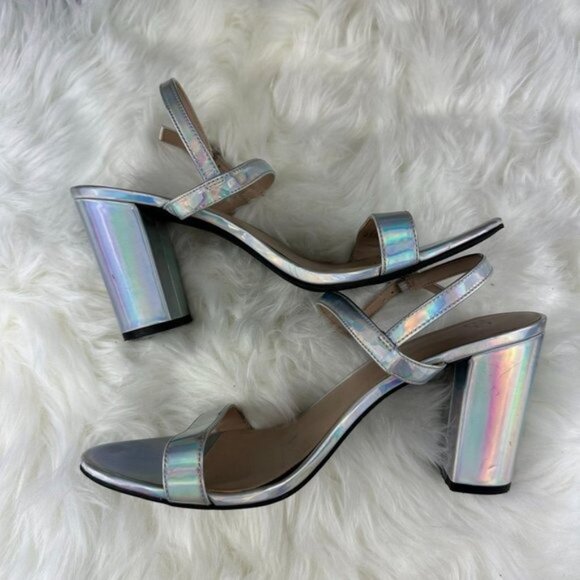 BP Lula Ankle Strap Block Heel Sandals in Silver Holographic - Picture 5 of 7